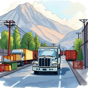 Load optimization assistant: Generate efficient load distribution plans 9 A busy logistics route with trucks and containers in a scenic landscape.