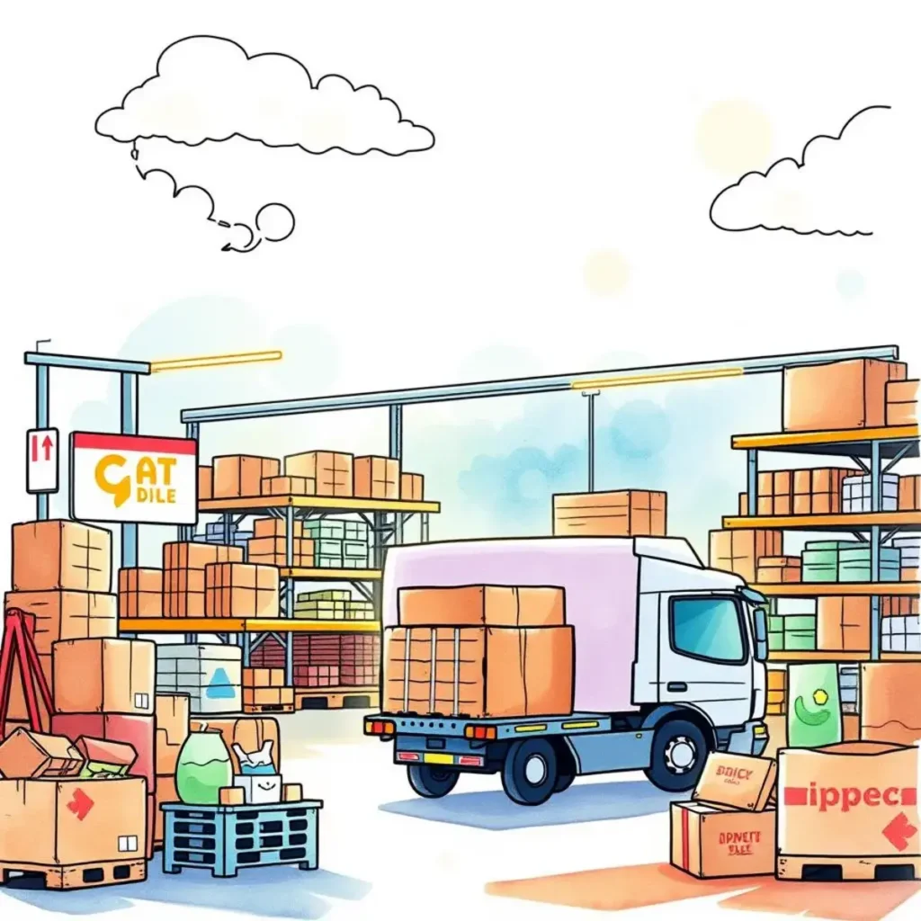 Sku analysis assistant: Analyze product performance by SKU 1 A delivery truck navigating through a busy warehouse filled with boxes.