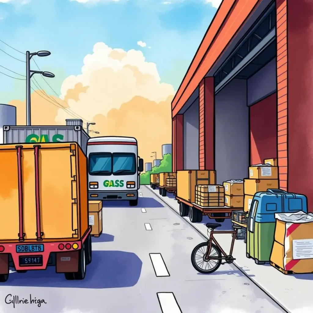 Transit time simulator: Predict transit durations for different routes 1 Trucks and packages on a city street, representing logistics and distribution.