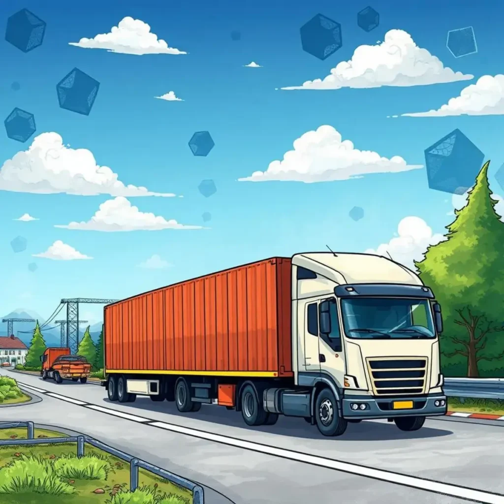 Delivery trucks traveling along a scenic road with cargo containers overhead.
