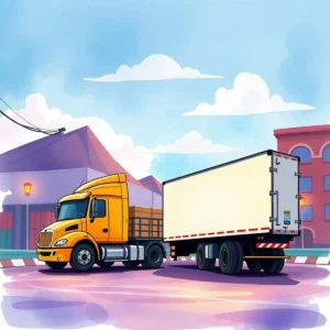 A large yellow truck parked beside a trailer in an urban setting with clear skies.