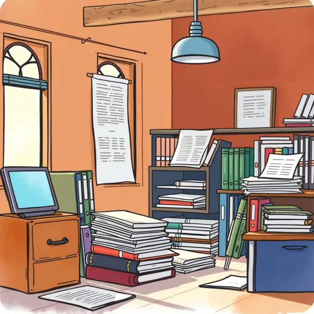 Distribution request generator: Create tailored requests for document distribution 1 Illustration of a cluttered office space with documents and books.