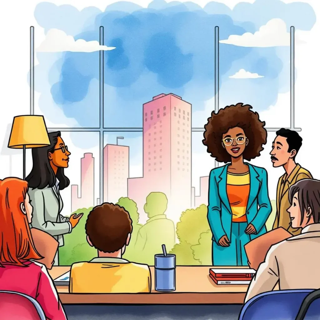 Diversity metrics evaluator: Evaluate diversity metrics for compliance reporting 1 Diverse professionals collaborating in a modern hr meeting room.
