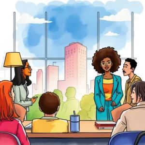 Diversity metrics evaluator: Evaluate diversity metrics for compliance reporting 2 Diverse professionals collaborating in a modern hr meeting room.