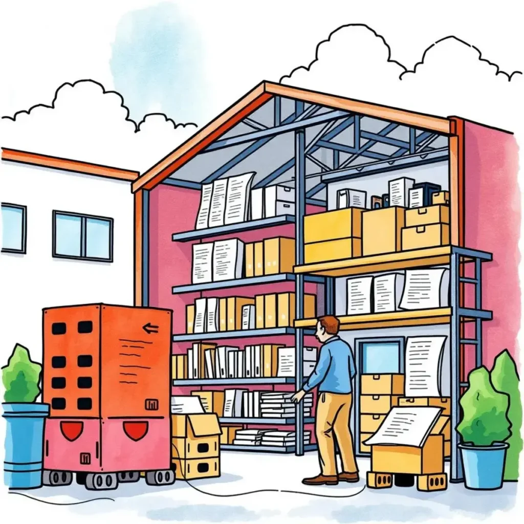 Docuconvert: Transform vendor document formats seamlessly 1 Person organizing vendor documents in a vibrant warehouse setting.