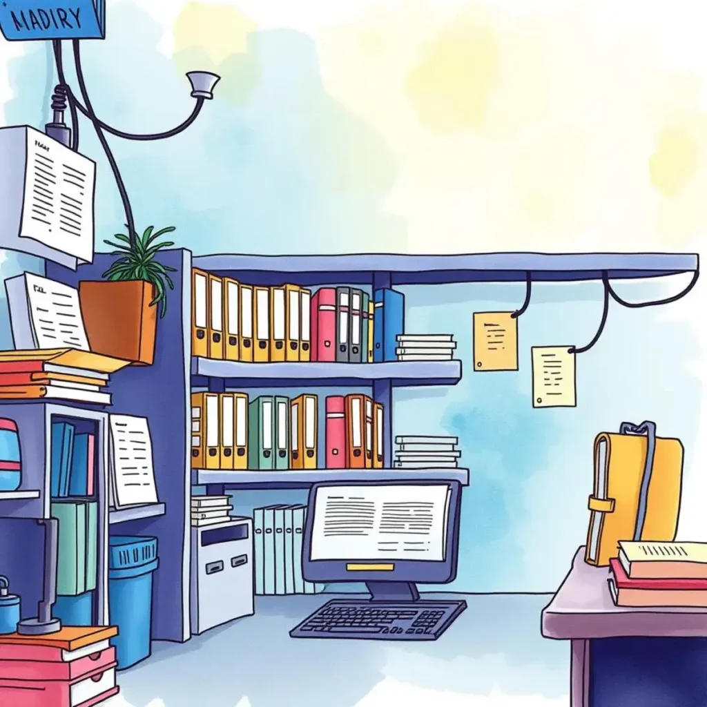 Document access guide: Generate instructions for accessing files 1 Colorful office workspace with organized files and a computer setup.