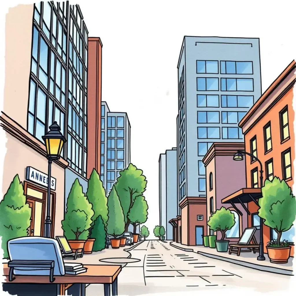 Document review summarizer: Extract key points from lease documents 1 Illustration of urban street with buildings and greenery, emphasizing lease management.