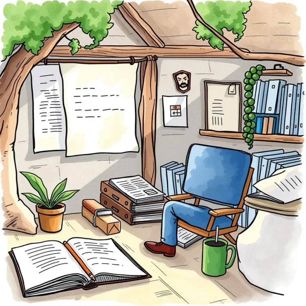 Document revision tracker: Keep track of changes in documentation easily 1 A cozy workspace featuring a chair, documents, and plants, ideal for revising documents.