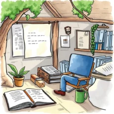 A cozy workspace featuring a chair, documents, and plants, ideal for revising documents.