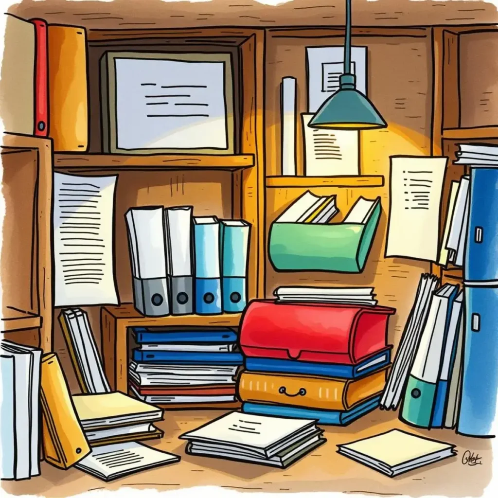 Document sorter: Automatically group documents by subject matter 1 A cluttered office space with organized document folders and files.
