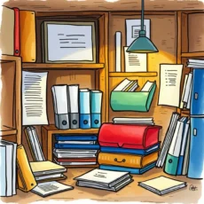 A cluttered office space with organized document folders and files.