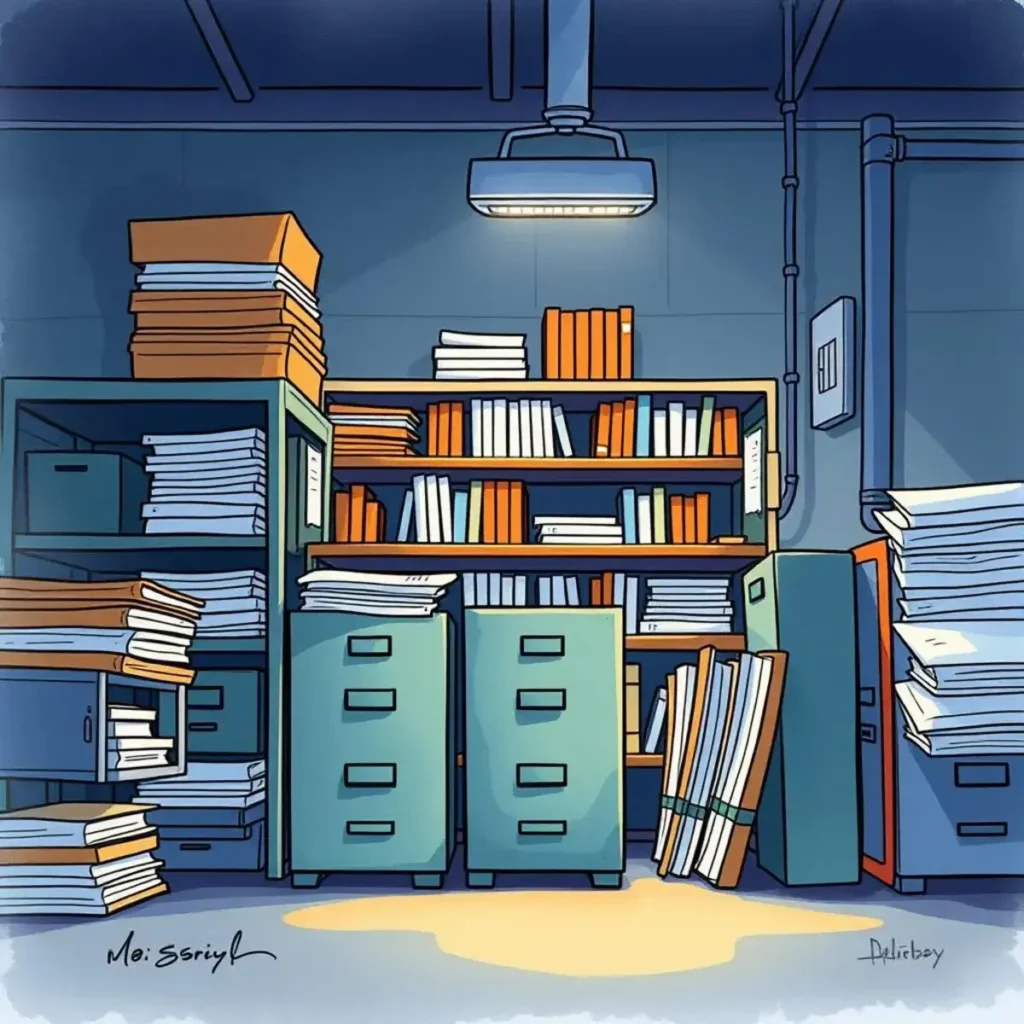 Safe records organizer: Create structured secure storage plans for records 1 Organized storage area filled with secure document filing cabinets and stacks.
