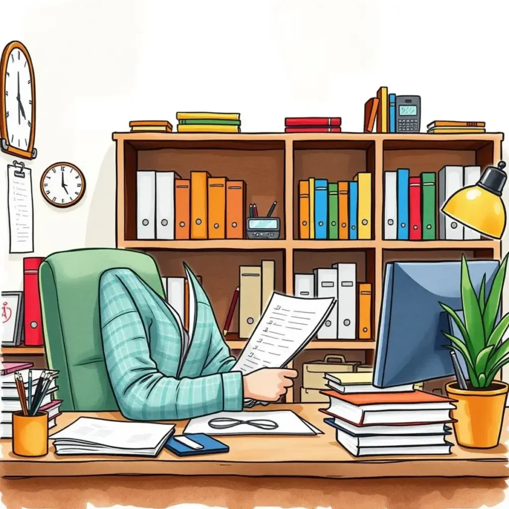 Document streamlining assistant: Optimize workflow documentation effortlessly 1 A streamlined office workspace with documents and organized shelves.
