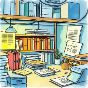 Document versioning tool workspace with shelves of books, documents, and office supplies for efficient archiving