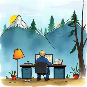 Clarity booster: Simplify complex sentences for enhanced clarity 1 Person working at a desk with mountains and trees in the background.