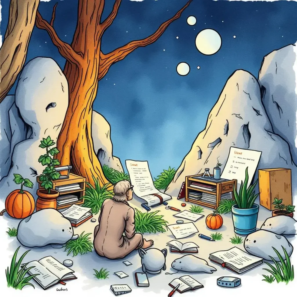 Code context clarifier: Simplify legacy code explanations for users 1 Person contemplating legacy code surrounded by books and notes.