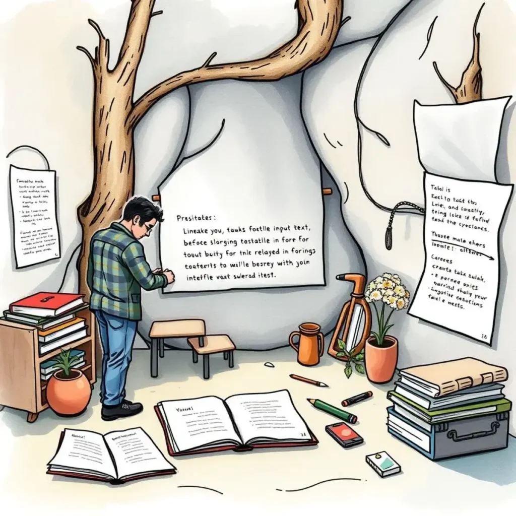 Doc structure streamliner: Automatically organize input text for clarity 1 A person organizes notes and documents in a creative workspace.