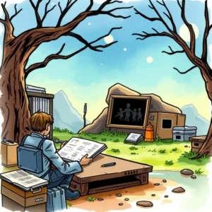 User observing projected documentation in a serene, outdoor setting.