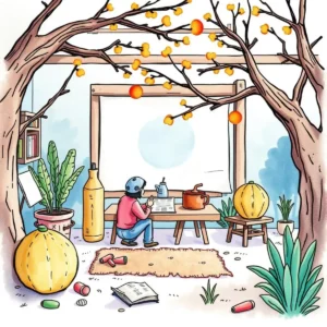 A person sitting at a table in a cozy outdoor workspace, focused on optimizing text.
