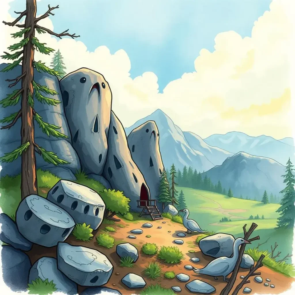 A serene landscape with rocky formations and lush greenery.