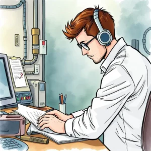 A focused professional using a computer to generate maintenance documentation in an engineering office setting.