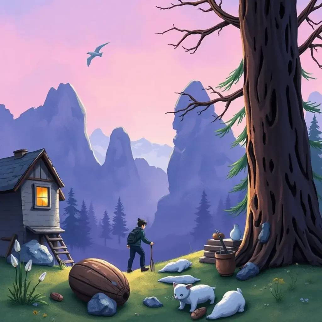 A person revises documentation near a tranquil mountain cabin.