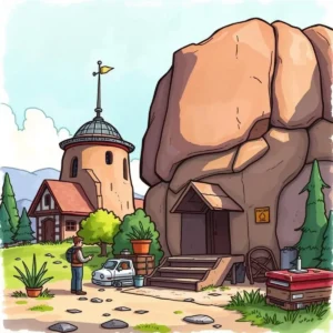 A person reviewing documents near a unique rock formation and buildings.