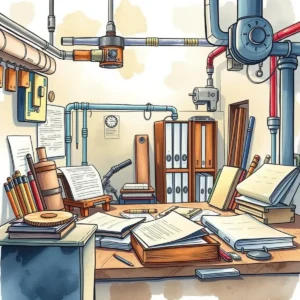 Cluttered workspace with drafts, tools, and organizational materials.