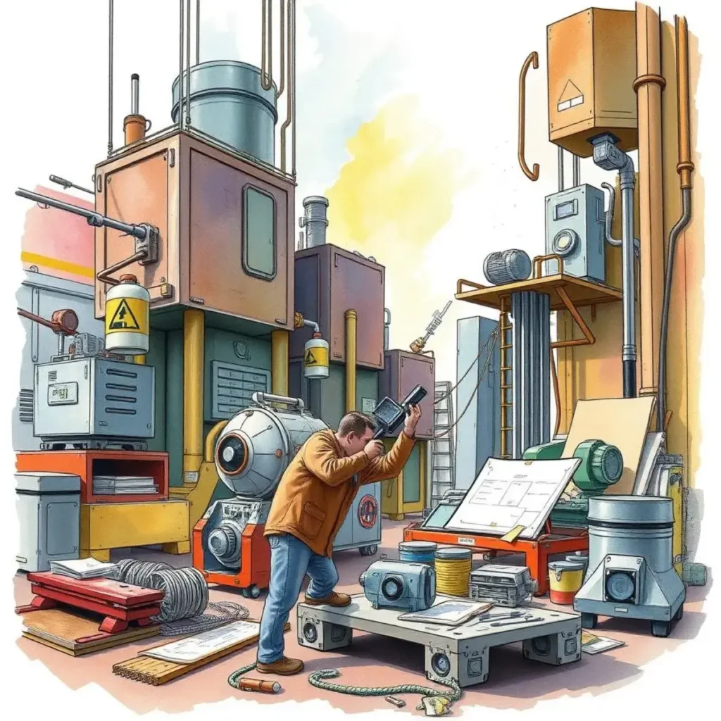Draft model creator: Produce preliminary drafts for engineering models 1 Engineer creating drafts amidst industrial machinery and design documents.
