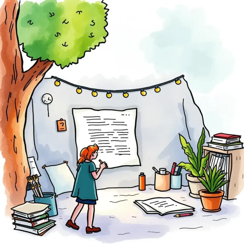 Draft validator: Check and strengthen your press release content 1 A girl writing on a large paper in a cozy, well-lit workspace surrounded by plants and books.