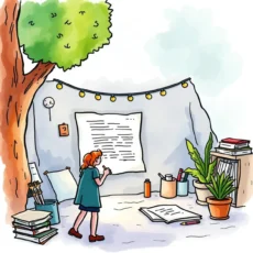 A girl writing on a large paper in a cozy, well-lit workspace surrounded by plants and books.