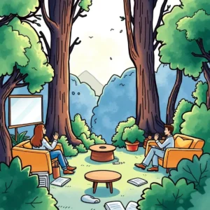 Two professionals discussing brand strategies in a serene outdoor setting.