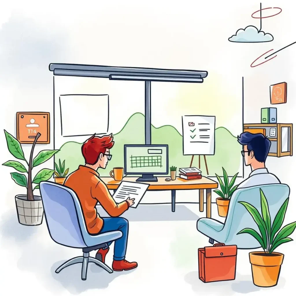 Employee onboarding guide: Create customized onboarding material from input 1 A person reviewing an onboarding guide in a modern office with a computer and plants nearby.