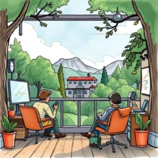 View of a serene outdoor workspace for collaborative training development.