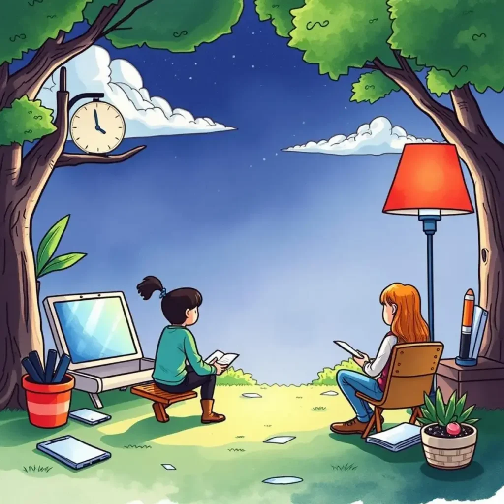 Social media post generator: Automatically create posts for various platforms 1 Two professionals create social media posts in a serene outdoor setting.