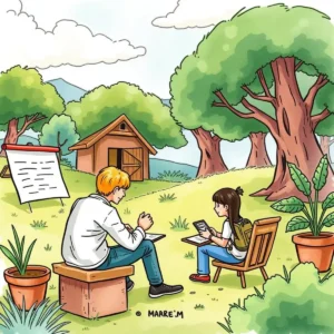 A trainer and learner engaging in outdoor lesson planning activities.