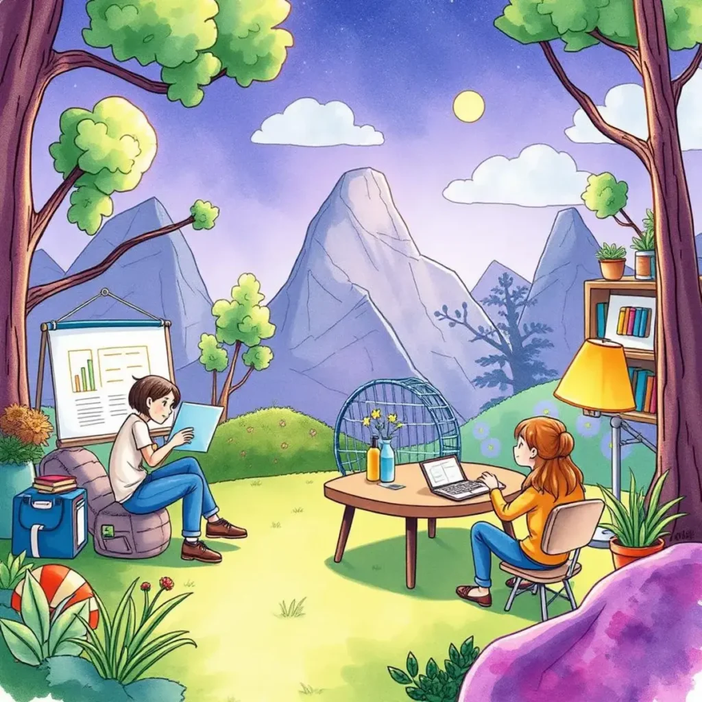 Training material summarizer: Summarize training materials for easy comprehension 1 Two professionals collaborating outdoors amid mountains, focusing on training material summarization.