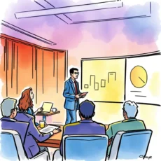 Investor speaks to a group displaying financial data, highlighting key investor sentiment insights.
