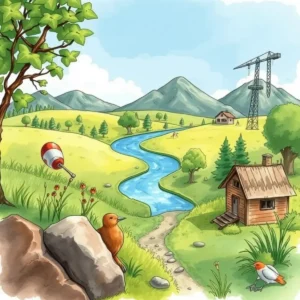 Illustration of a sustainable landscape highlighting environmental awareness and assessment.