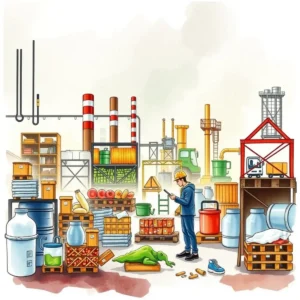 A manufacturing worker evaluates waste in a cluttered production area.