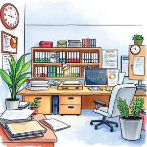 Colorful office desk with documents, computer, and plants.