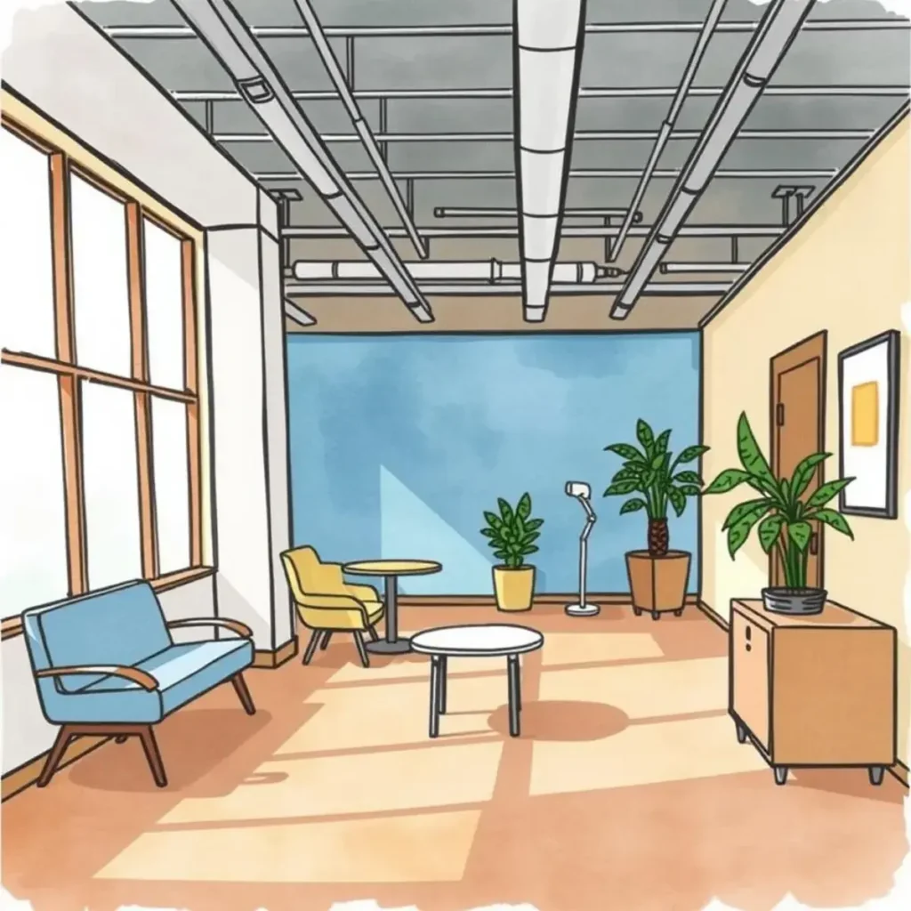Efficiency reporting ai: Automate reports on occupancy performance 1 Modern office space with seating, plants, and natural light.