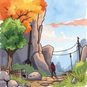 Scenic landscape with a figure navigating a winding path through nature.