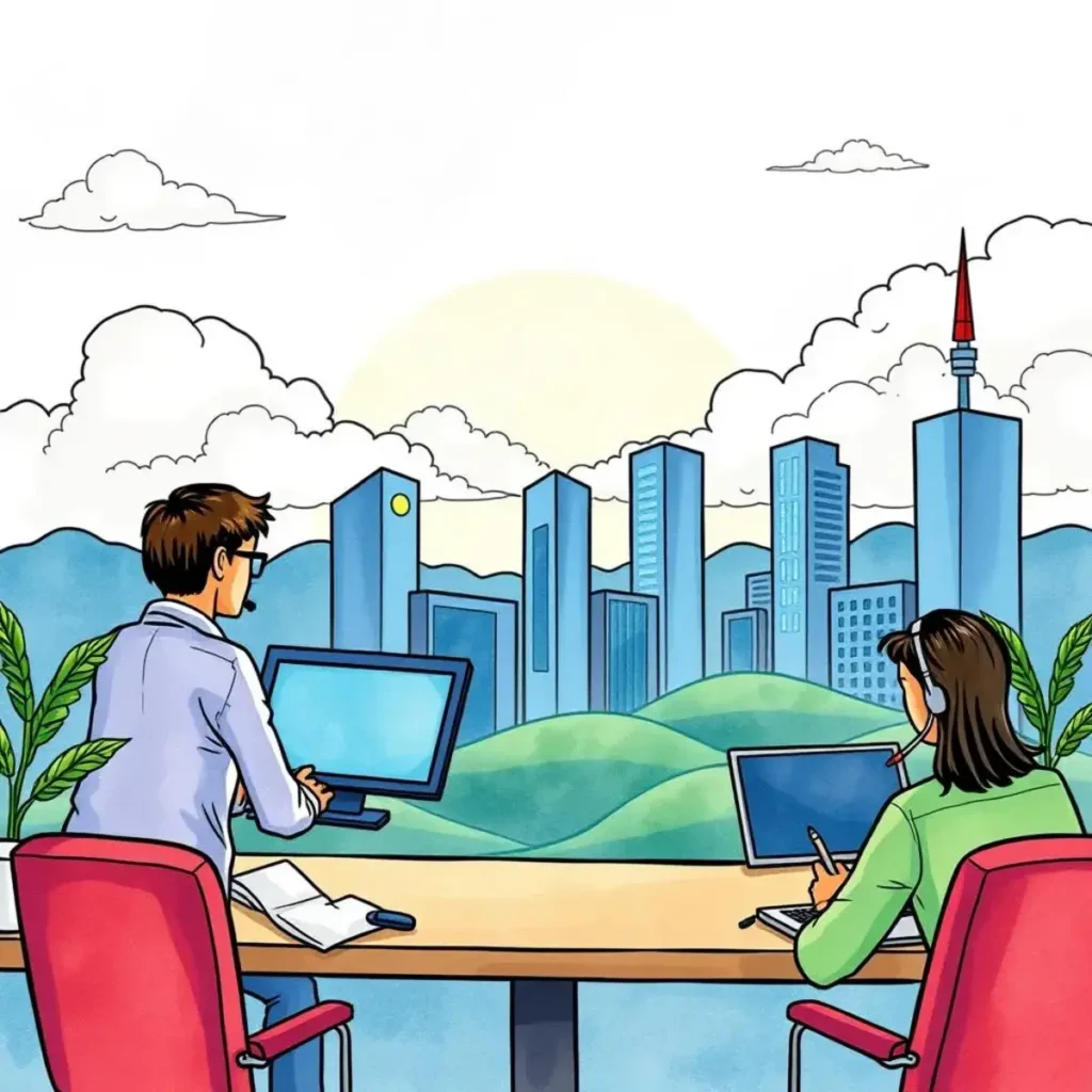 Policy document creator: Formulate IT policy documents efficiently 1 Professionals collaborating on it policy documents with a cityscape view.