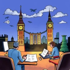Compose EHS audit reports with a cityscape view featuring professionals collaborating with documents.