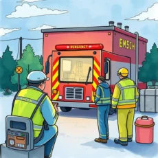 Emergency responders communicate while preparing for a safety operation.