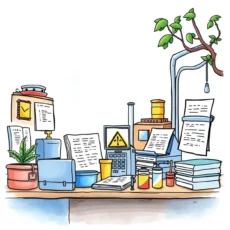 Cluttered workspace with documents and tools for ehs data management.