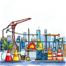 Illustration of a construction site highlighting workplace safety hazards and training.