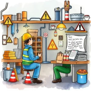Ehs training text generator: Generate informative texts for safety training 1 Illustration of a worker in a safety training environment with hazard signs.