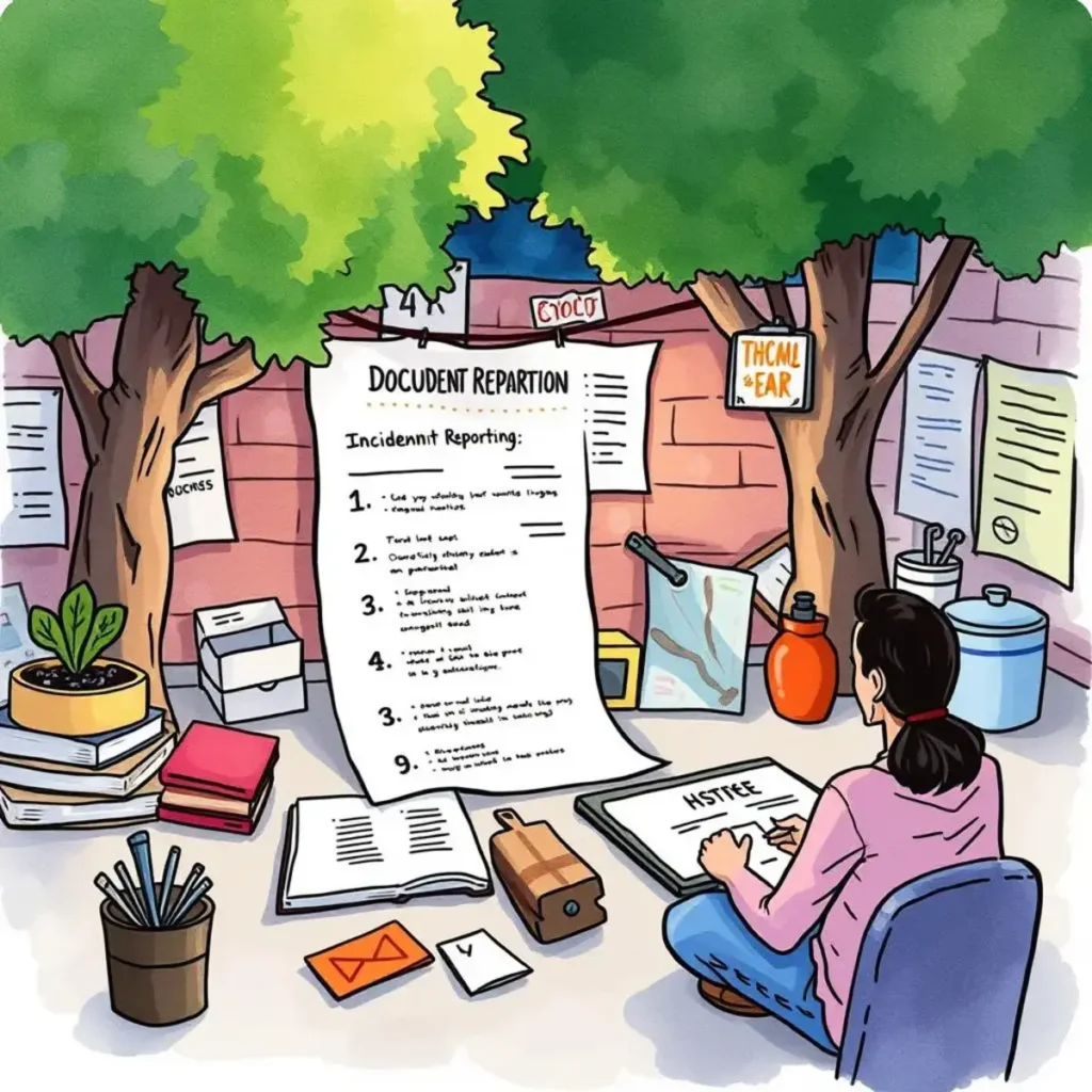 A person sitting at a desk, summarizing incident reports in an outdoor setting.